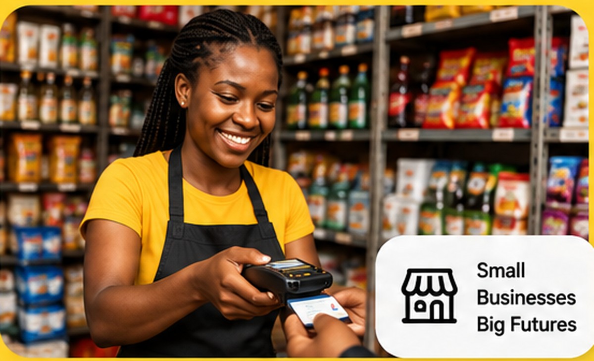 Woman at a shop counter taking a customer payment